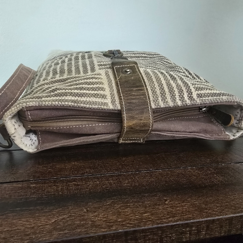 Myra Upcycled Canvas Fur Crossbody Shoulder Bag Purse Brown - Picture 9 of 16